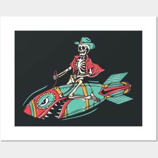 Funny Cowboy Skeleton Riding a Bomb Missile Posters and Art